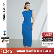 朗姿法式一字肩收腰抽褶設計感氣質(zhì)長(cháng)裙夏裝新款女禮服連衣裙 艦隊藍色2 2XL
