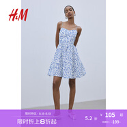 H&M女裝連衣裙夏季露肩喇叭裙擺碎花印花吊帶裙短裙連身裙1231427 白色/藍色花卉 L 170/104