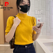 皮爾卡丹（pierre cardin）2025春夏季新款半高領(lǐng)針織衫女短袖純色打底衫T恤法式泡泡袖上衣 黃色 S