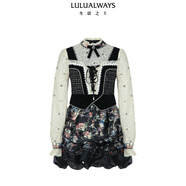 LULUALWAYSLULUALWAYS【商場(chǎng)同款】24冬季新款復(fù)古小眾別致假兩件印花連衣裙 深黑色 S