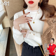 翊尚美毛衣女冬新款春秋季半高領(lǐng)針織衫女士打底衫修身顯瘦蕾絲內(nèi)搭上衣 【冬季加絨款】白色 L 【115-140斤】