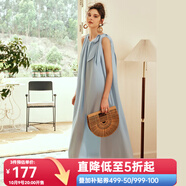 Olrain歐芮兒棕色無袖連衣裙女夏季新款寬松度假風掛脖裙子沙灘裙 灰藍色 L