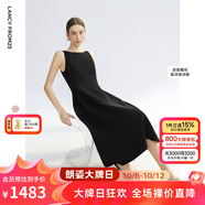 朗姿2025夏季新款優(yōu)雅一字領(lǐng)無(wú)袖連衣裙女高端法式修身收腰裙子 黑色 S