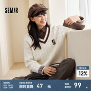 森馬毛衣女撞色V領(lǐng)寬松落肩文藝冬季潮流字母絞花上衣復(fù)古學(xué)院風(fēng) 白色調(diào)00311 L 165/88A