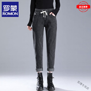 羅蒙（ROMON）高腰加絨哈倫牛仔褲女冬新款寬松蘿卜大碼松緊老爹褲子秋 100%高品質(zhì)-黑色【單款】-女裝十 26 【建議80-90斤】