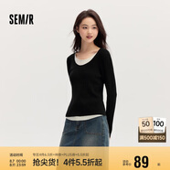 森馬毛衣女拼色假兩件毛衫修身春秋圓領(lǐng)套頭衫顯瘦109524107002
