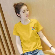 阿瑪施（AMASS）哥弟適用一線(xiàn)品牌洋氣杏色正肩短袖t恤女簡(jiǎn)約風(fēng)百搭顯瘦上衣 黃色(側邊小太陽(yáng)花)短袖 M 建議100-110斤卡碼拍小