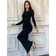 南啵丸歐美時(shí)尚性感修身圓領(lǐng)長(cháng)袖連衣裙長(cháng)裙女 sexy bodycon maxi dress 黑色 S