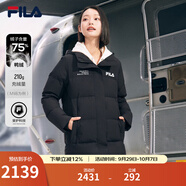 FILA斐樂(lè )官方女士長(cháng)款羽絨服冬季休閑簡(jiǎn)約連帽加厚大衣女裝外套 正黑色-BK L 170/88A