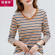 恒源祥（HYX）簡約寬松V領(lǐng)條紋t恤女上衣外穿秋冬加厚保暖雞心領(lǐng)體恤長袖打底衫 咖啡條紋 S 建議80-95斤