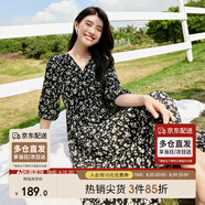 尚都比拉度假風(fēng)碎花連衣裙女夏天V領(lǐng)氣質(zhì)中長(cháng)裙收腰A字雪紡裙子 黑花  2XL
