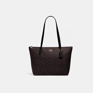 蔻馳（COACH）女包ZIP TOP TOTE大容量托特包單肩包棕黑色【品牌授權(quán)】禮物