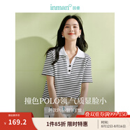 茵曼（INMAN）Polo領(lǐng)條紋短袖T恤2025夏季女裝新款修身顯瘦上衣 黑白條 S