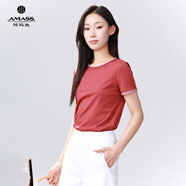阿瑪施（AMASS）女裝夏裝百搭氣質(zhì)上衣休閑領(lǐng)口立體花邊設計圓領(lǐng)T恤衫短袖530054 玫紅色 S （2碼）