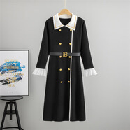 啄木鳥(niǎo)（TUCANO）春秋新款法式復古赫本小香風(fēng)針織連衣裙感女減齡雙排扣毛衣裙 黑色 S