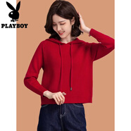花花公子（PLAYBOY）2025年秋季新款純色針織衛(wèi)衣女短款套頭洋氣連帽長(zhǎng)袖寬松毛衣外套 紅色 XL 建議115-125斤