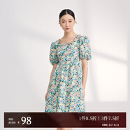 VEROMODA女裝新款油畫碎花方領(lǐng)泡泡袖連衣裙女 C01鹽泉綠色-追單2 XS