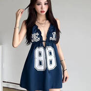 南啵丸加大碼300斤歐美性感V領(lǐng)字母印花吊帶連衣裙胖mm修身顯瘦A字短裙 圖片款 L _建議100-120斤