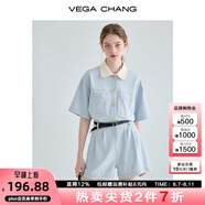 VEGA CHANG工裝連體短褲女夏2025新款小個(gè)子顯瘦高級(jí)感連身衣褲 藍(lán)色 S