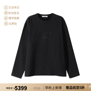 普拉達（PRADA）男士/女士中性款寬松復(fù)古圓領(lǐng)長袖套頭衫T恤衫 34646R 13BC F0002 S 231 黑色徽標(biāo)刺繡 M