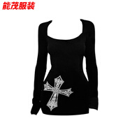 萱眸十字架印花長(cháng)袖T恤連衣裙女春秋修身打底短裙設計感辣妹包臀裙子 黑色 M