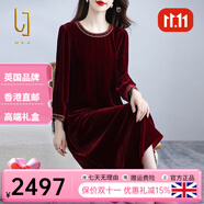 OLJ國際高檔品牌真絲絲絨連衣裙女2025年春秋新款喜宴刺繡桑蠶絲裙子 酒紅色 M 建議110斤以內(nèi)