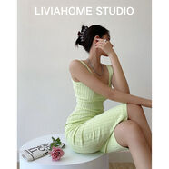 liviahome 歐美風(fēng)露背性感無袖背心裙彈力針織緊身包臀連衣裙女 奶綠色 均碼