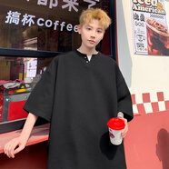 閃爆夏季新款港風(fēng)外景碼華夫格V領(lǐng)短袖恤 黑色 M