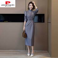 皮爾卡丹歐洲站法式氣質(zhì)收腰長(cháng)裙秋冬2025新款女裝時(shí)尚簡(jiǎn)約灰色高端連衣裙 灰色 M