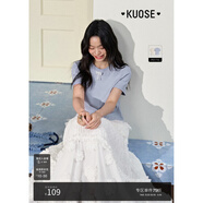 闊色（kuose）藍(lán)色針織T恤拼接蕾絲花邊下擺女2025夏季新款杏色蝴蝶結(jié)上衣 淺藍(lán)色 M