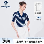 Navigare意大利小帆船短袖針織衫女士夏季顯瘦時(shí)尚條紋POLO衫V領(lǐng)毛衣T恤衫 海軍藍/白 M 碼