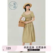 紫涵方領泡泡袖連衣裙女夏新款小眾蕾絲中長裙高腰打攬七夕送女生 茶色 M
