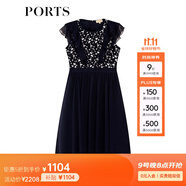 PORTS寶姿女裝夏新品拼接蕾絲雪紡荷葉邊連衣裙ALM8D100GWS001 丈青 XL (10)