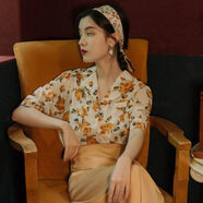 紀覓港風(fēng)襯衫女復古女裝80年代雪紡衫藝術(shù)生裙子連衣裙套裝碎花襯衫上 黃色玫瑰襯衫 S 【95斤以下】