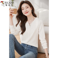 啄木鳥(niǎo)百褶肌理感春秋新款V領(lǐng)純色打底衫女體恤滌氨混紡 白色 (百褶條領(lǐng)扣針) M 建議90-105斤