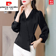 皮爾卡丹（pierre cardin）時(shí)尚緞面長(cháng)袖襯衫女士秋裝新款別致氣質(zhì)小衫洋氣不規則上衣時(shí)尚女 黑色 M 90-105斤