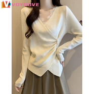 VOYDOVE大碼女裝復古設計感V領(lǐng)蕾絲拼接針織衫女胖MM顯瘦不規則打底毛衣 杏色 M [建議80-100斤]