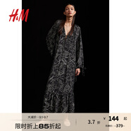 H&M女裝連衣裙秋季V領(lǐng)寬松法式休閑抽繩設計植物印花長(cháng)裙1225331 黑色/花卉 160/88 S