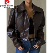 皮爾卡丹（pierre cardin）歐美風(fēng)復古翻領(lǐng)拉鏈pu皮衣外套早秋辣妹短款寬松休閑機車(chē)夾克上衣 深棕色今年流行的輕奢品牌 S
