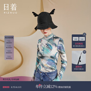 日著（rizhuo）原創(chuàng)設(shè)計(jì)女裝2024冬季新款撞色小高領(lǐng)打底衫印花彈力針織t恤 氣球藍(lán) S