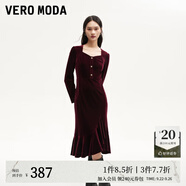 VEROMODA連衣裙秋季女裝新款天鵝絨拼接網(wǎng)紗魚(yú)尾長(zhǎng)裙鉆石領(lǐng)東方簡(jiǎn)奢風(fēng) 長(zhǎng)袖絲絨裙-威諾紅色 S