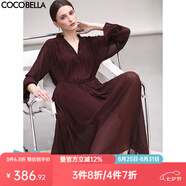 COCOBELLA氣質(zhì)酒紅木耳領長袖壓褶連衣裙女25秋V領襯衫長裙FR7015 安可拉紅 S