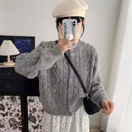 溥畔秋冬新款刺繡花朵麻花毛衣女外套日韓學(xué)院風甜美圓領(lǐng)針織開衫 灰色 均碼
