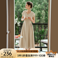 Olrain歐芮兒深灰色連衣裙女裝夏季新款時(shí)尚收腰顯瘦傘擺裙子 裸杏色 S