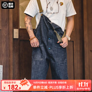 馬登工裝美式復古情侶甲板背帶褲水洗丹寧直筒闊腿牛仔褲休閑長(cháng)褲男潮 牛仔藍 S
