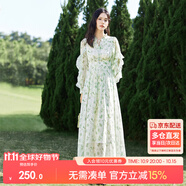 尚都比拉春秋度假風(fēng)碎花連衣裙系帶鏤空?qǐng)A領(lǐng)花邊袖子直筒裙子 淡綠色 S 