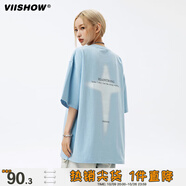viishow復古幾何印花短袖T恤男夏季新款潮牌寬松純棉情侶體恤   淺藍 M