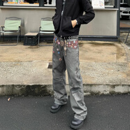 安初夏美式設計感寬松3D印花腰帶牛仔褲男做舊復古直筒微喇闊腿褲子 牛仔褲 XL