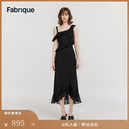 Fabrique桑蠶絲不對稱荷葉邊真絲連衣裙女2024夏季新品吊帶魚尾裙 黑色 XS