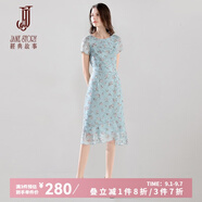 經(jīng)典故事（JANE STORY）經(jīng)典故事短袖碎花連衣裙女2025夏季新款修身洋氣不規(guī)則雪紡魚尾裙 K53 藍(lán)帶多色 XL